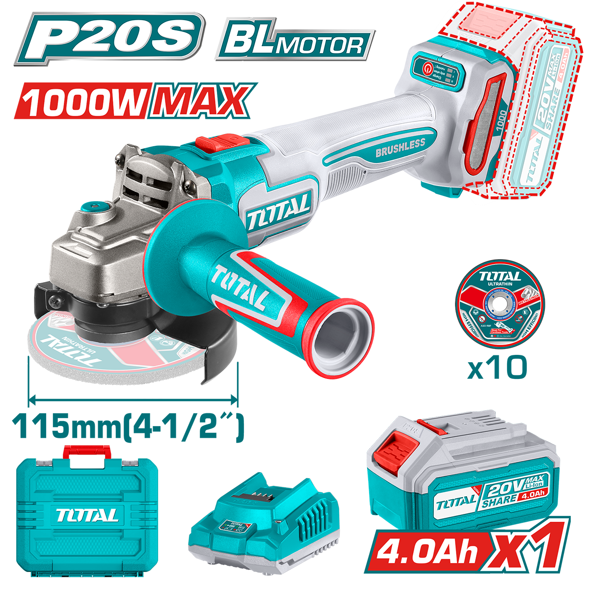 TOTAL - POLIZOR UNGHIULAR -115MM - 20V - 4.0Ah - MOTOR FARA PERII (INCLUDE 1 ACUMULATOR, 1 INCARCATO