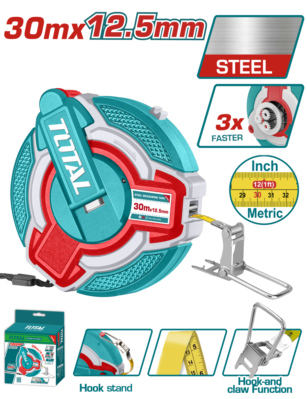 TOTAL - RULETA 30M X 12,5MM - EFICIENTA 3:1"