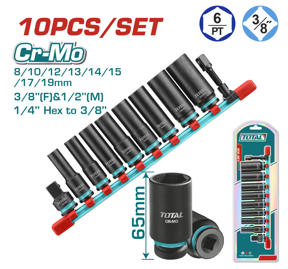TOTAL - SET 10 PIESE TUBULARE DE IMPACT ADANCI - 3/8"