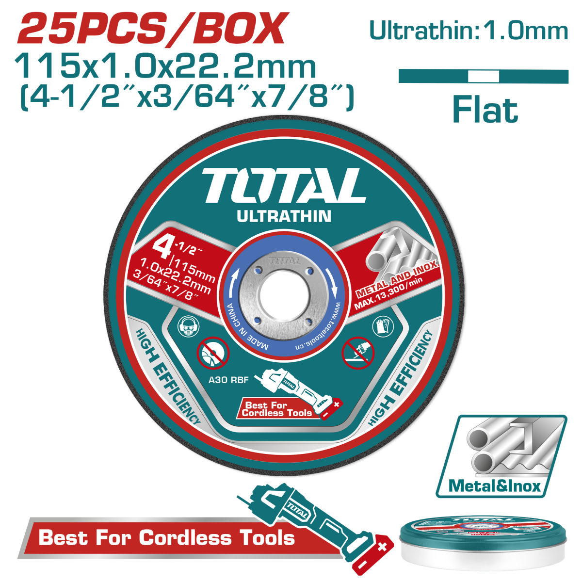 TOTAL - SET 25 DISCURI ABRAZIVE TAIERE METALE - 115MM(4-1/2")X1.0MM(3/64")X22.2MM(7/8")