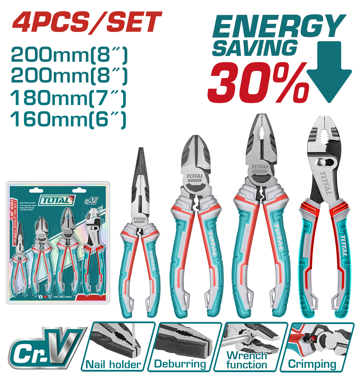 TOTAL - SET 4 CLESTI - CLESTE CU VARF ASCUTIT 6'', CLESTE TAIETOR 7'', PATENT 8", CLESTE UNIVERSAL 8