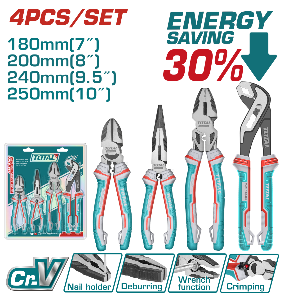 TOTAL - SET 4 CLESTI - CLESTE TAIETOR 7'', CLESTE CU VARF ASCUTIT 8'', PATENT UNIVERSAL 9.5'', CLEST