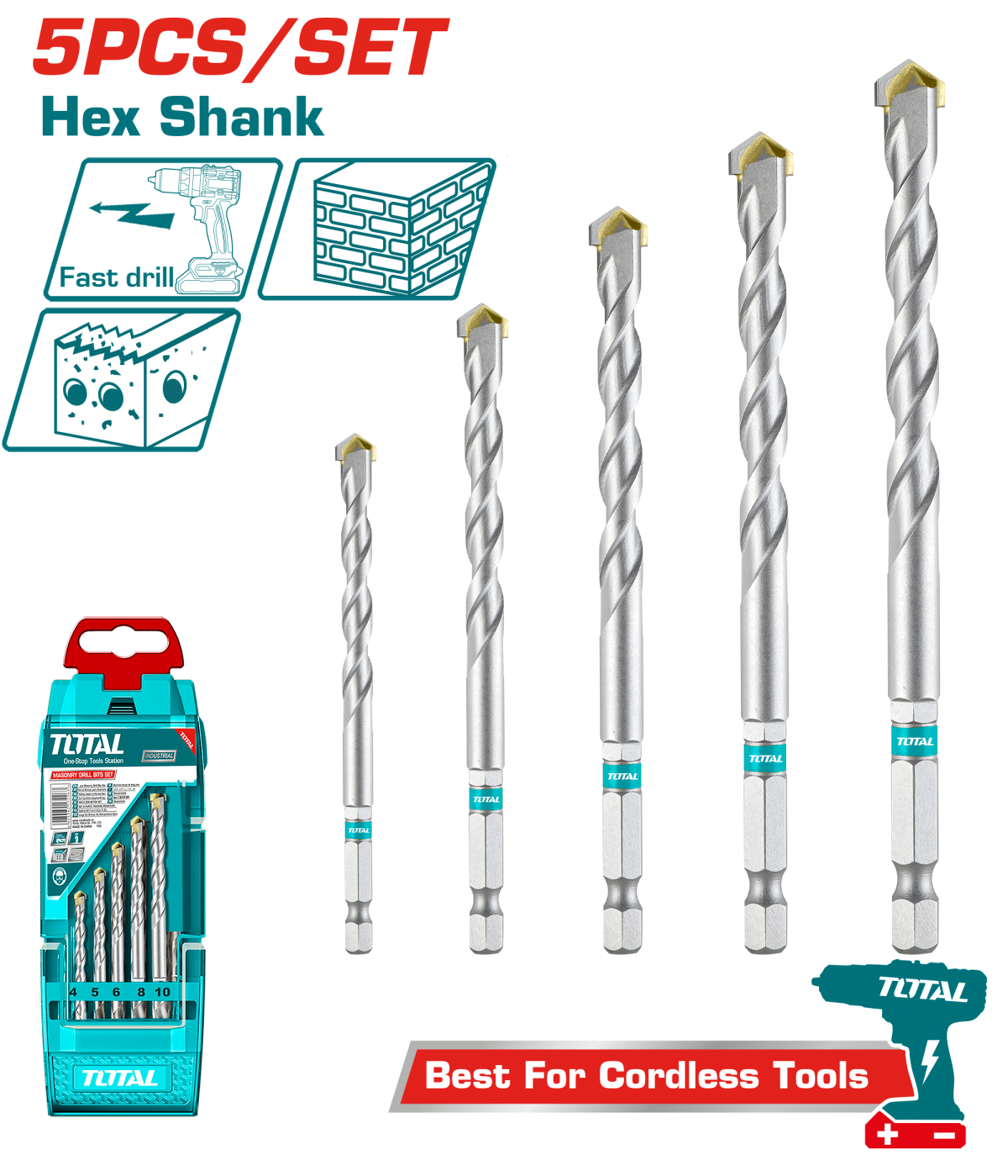 TOTAL - SET 5 BURGHIE PENTRU ZIDARIE PRINDERE HEX 1/4"