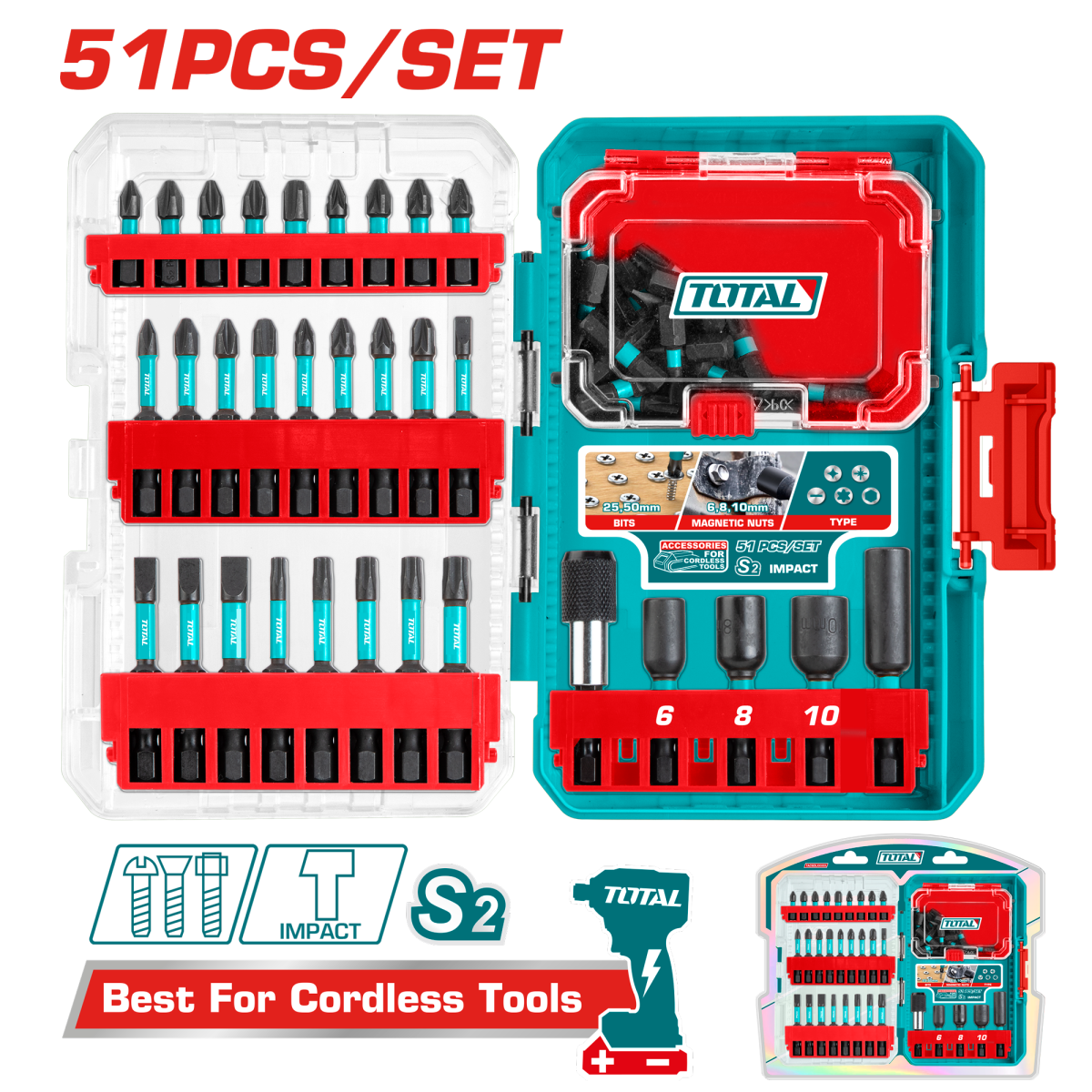 TOTAL - SET 51 PIESE BITI DE IMPACT PENTRU SURUBELNITA