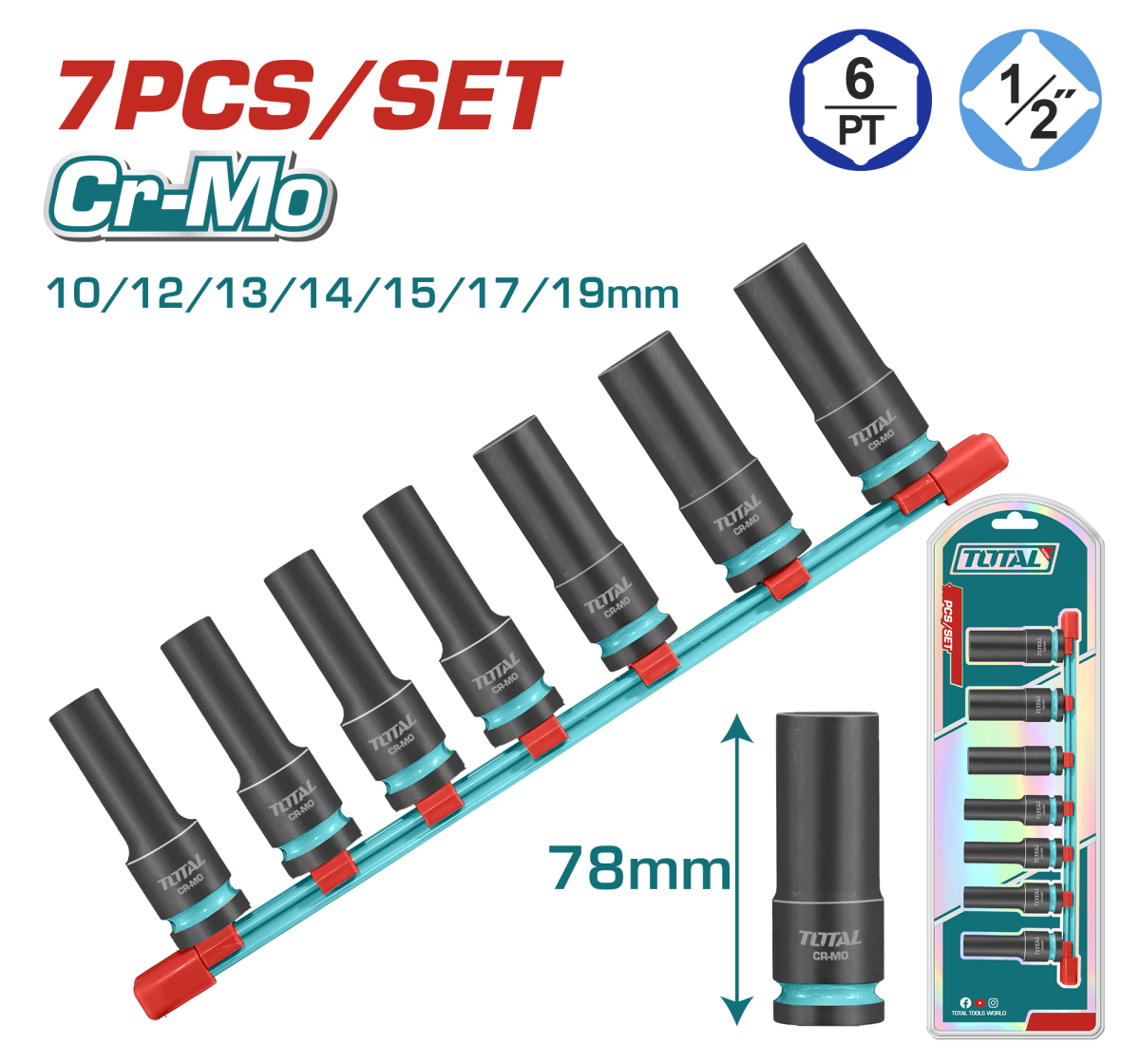 TOTAL - SET 7 PIESE TUBULARE DE IMPACT ADANCI - 1/2" -78MM