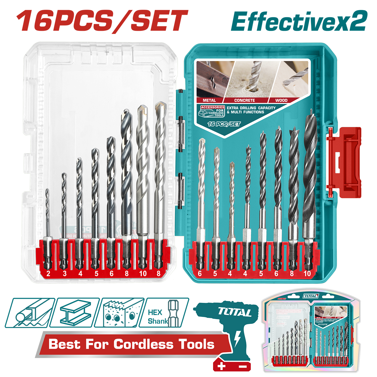 TOTAL - SET BURGHIE PENTRU METAL/BETON/LEMN 16 BUC