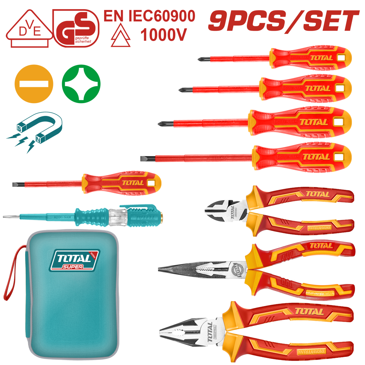 TOTAL - SET SURUBELNITE SI PATENTI IZOLATE PENTRU ELECTRICIENI - 9 BUC
