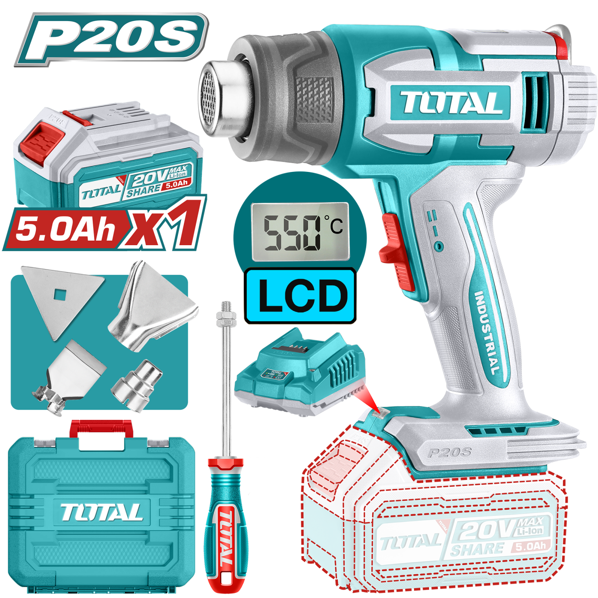 TOTAL - SUFLANTA CU AER CALD - 20V (INCLUDE ACUMULATOR 5.0Ah SI INCARCATOR)