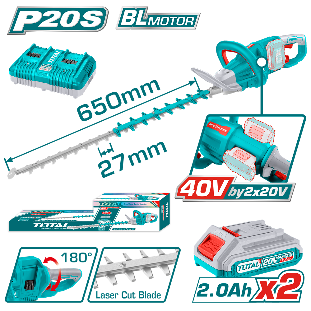 TOTAL - TRIMMER PENTRU TUNS GARD VIU - LI-ION - 40V (INCLUDE ACUMULATOR SI INCARCATOR)