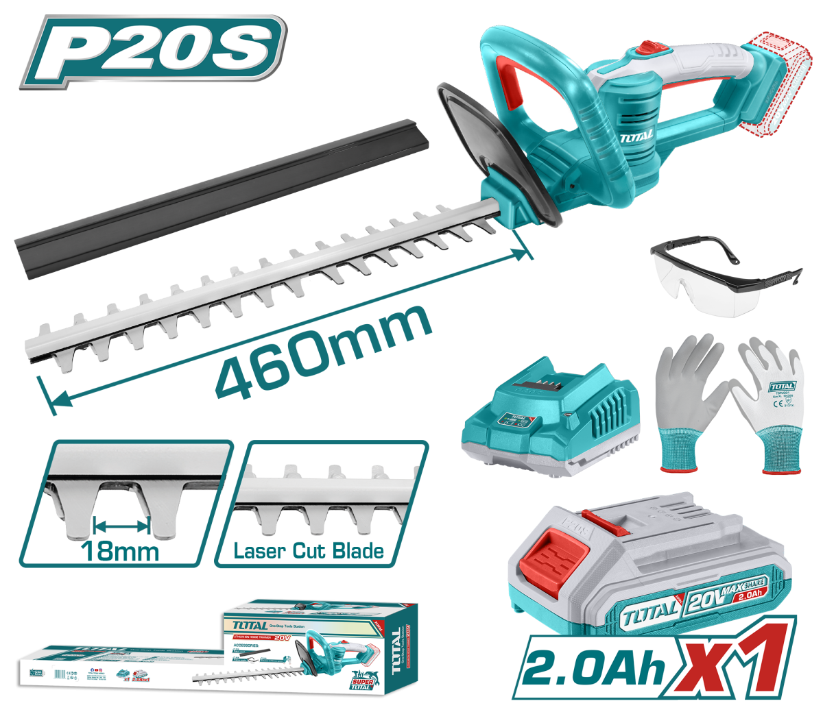 TOTAL - TRIMMER PENTRU TUNS GARD VIU - LI-ION - 20V (INCLUDE ACUMULATOR SI INCARCATOR)