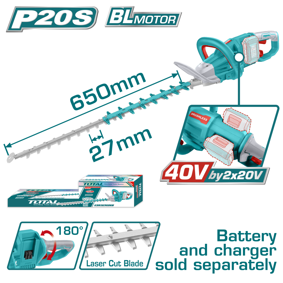 TOTAL - TRIMMER PENTRU TUNS GARD VIU - LI-ION - 40V (NU INCLUDE ACUMULATOR SI INCARCATOR)