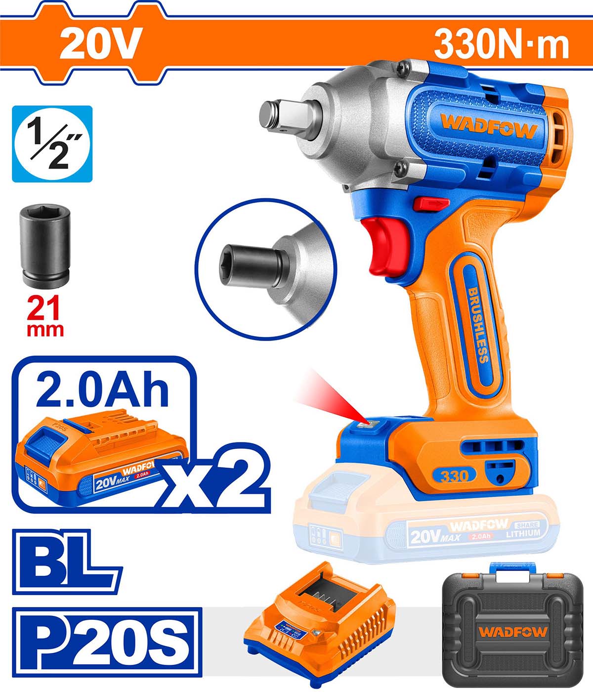 WADFOW - MASINA DE INSURUBAT CU IMPACT 20V - 1/2" (INCLUDE 2 ACUMULATORI, 1 INCARCATOR)