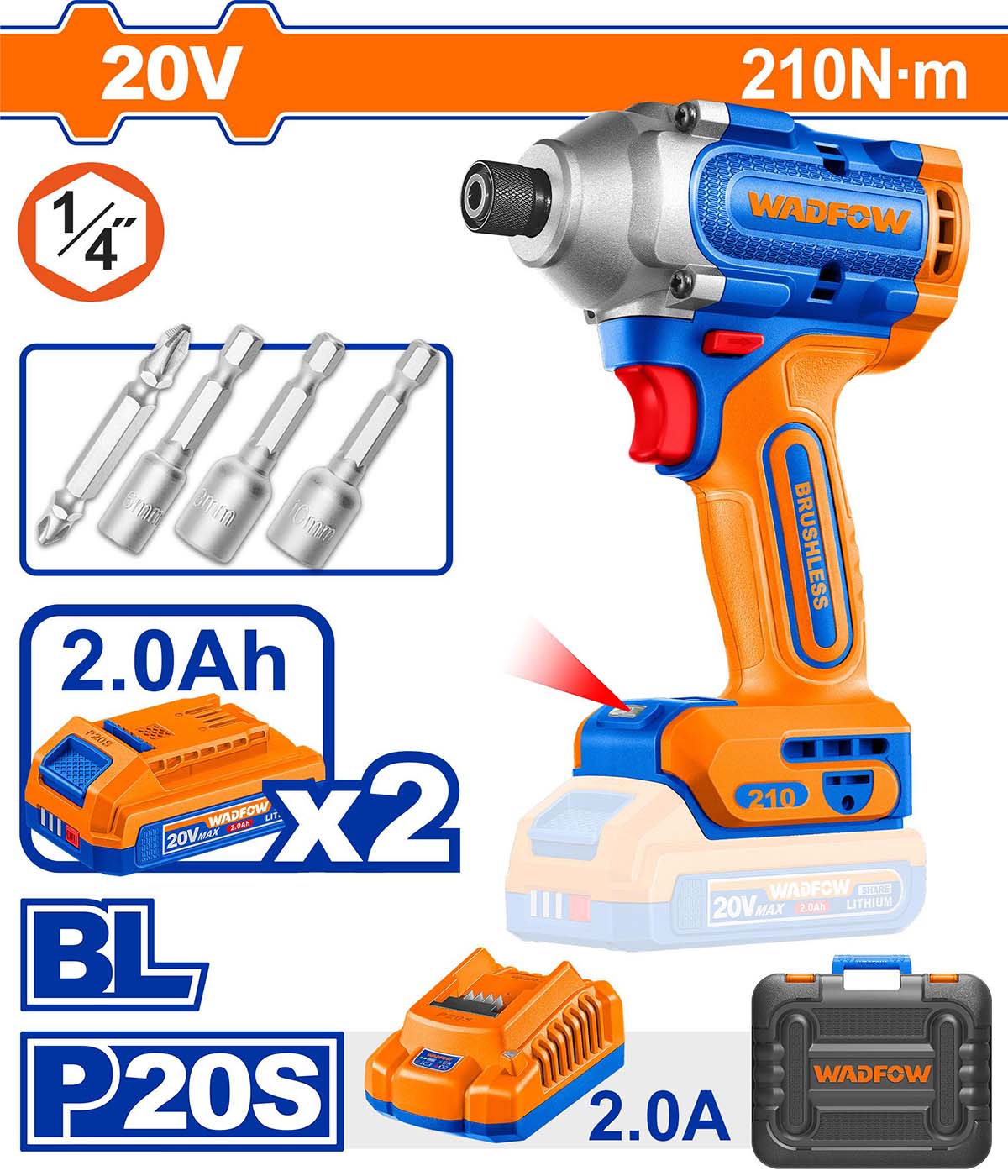 WADFOW - MASINA DE INSURUBAT CU IMPACT 20V - 1/4" HEX (INCLUDE 2 ACUMULATORI, 1 INCARCATOR)
