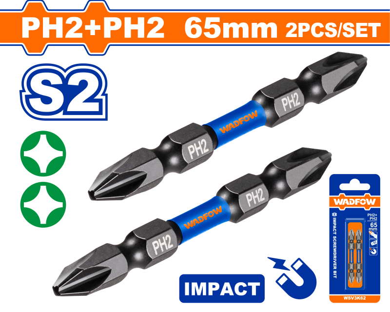 WADFOW - SET BITI IMPACT CAP DUBLU PH2+PH2 65MM - 2 BUC