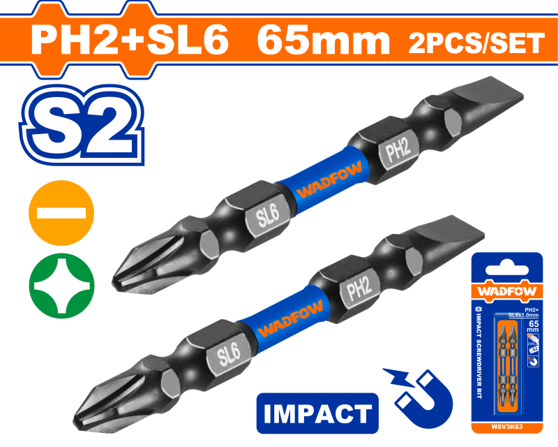 WADFOW - SET BITI IMPACT CAP DUBLU PH2+SL6 65MM - 2 BUC