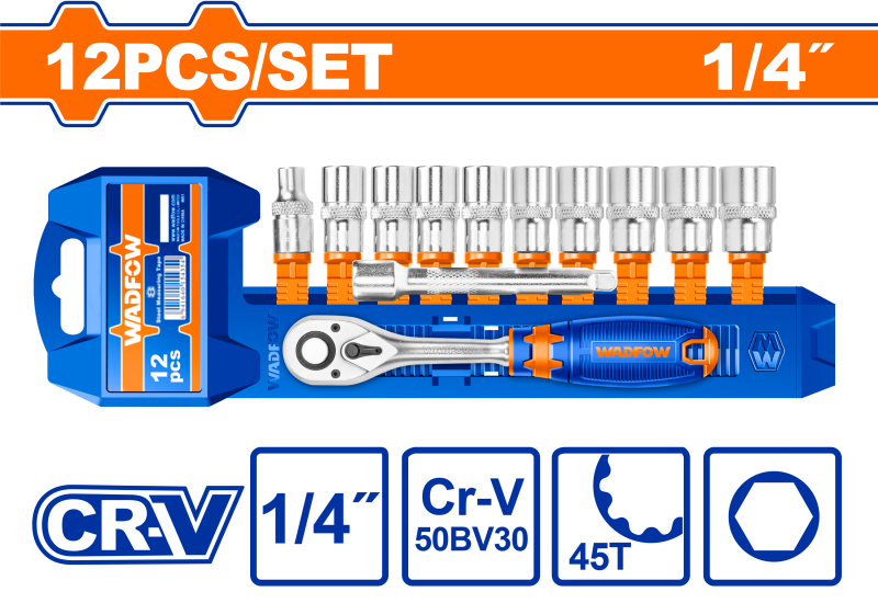 WADFOW - TRUSA DE CHEI TUBULARE 1/4'' CU ANTRENOR 12 PIESE